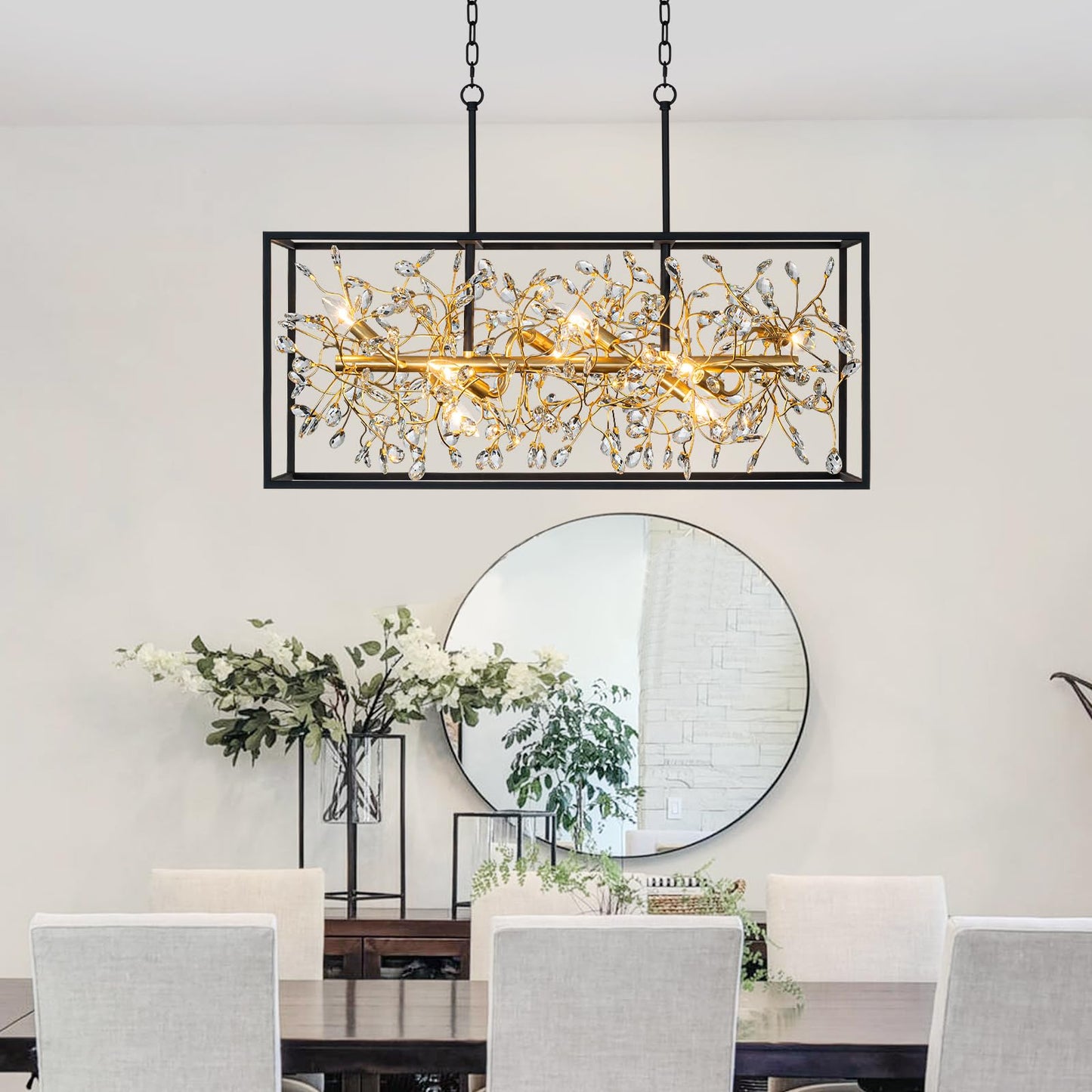 Vezzio Black and Gold Crystal Chandeliers for Dining Room, 8-Light Rectangle Modern Farmhouse Light Fixture, L38.5 in Adjustable Linear Chandelier Kitchen Island