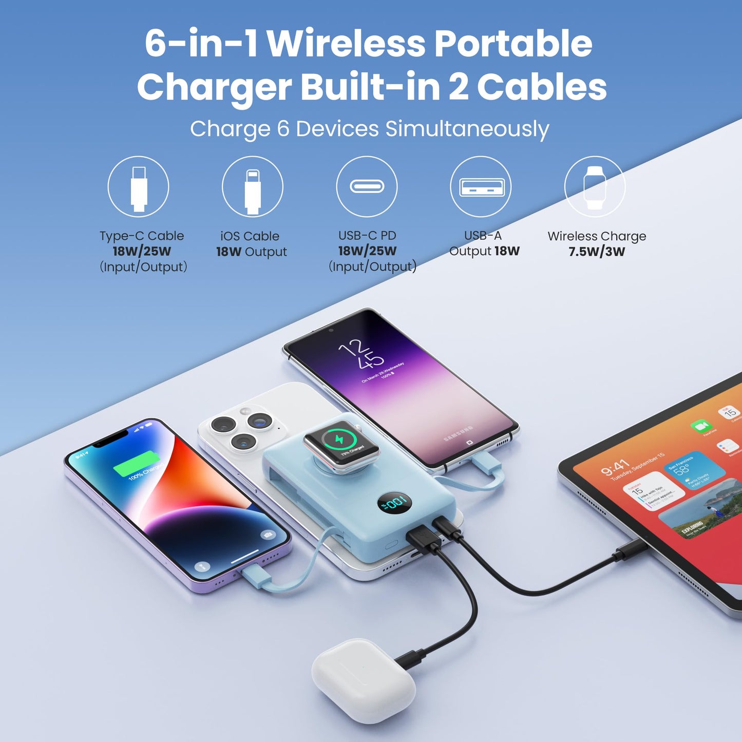 Magnetic Portable Charger 10800mAh for iPhone with Built-in Cables, 6-in-1 Wireless Power Bank with iWatch Charger, LCD Display 25W PD Fast Charging Battery Pack for iPhone 16/15/14/13/12, Apple Watch