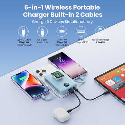 Magnetic Portable Charger 10800mAh for iPhone with Built-in Cables, 6-in-1 Wireless Power Bank with iWatch Charger, LCD Display 25W PD Fast Charging Battery Pack for iPhone 16/15/14/13/12, Apple Watch