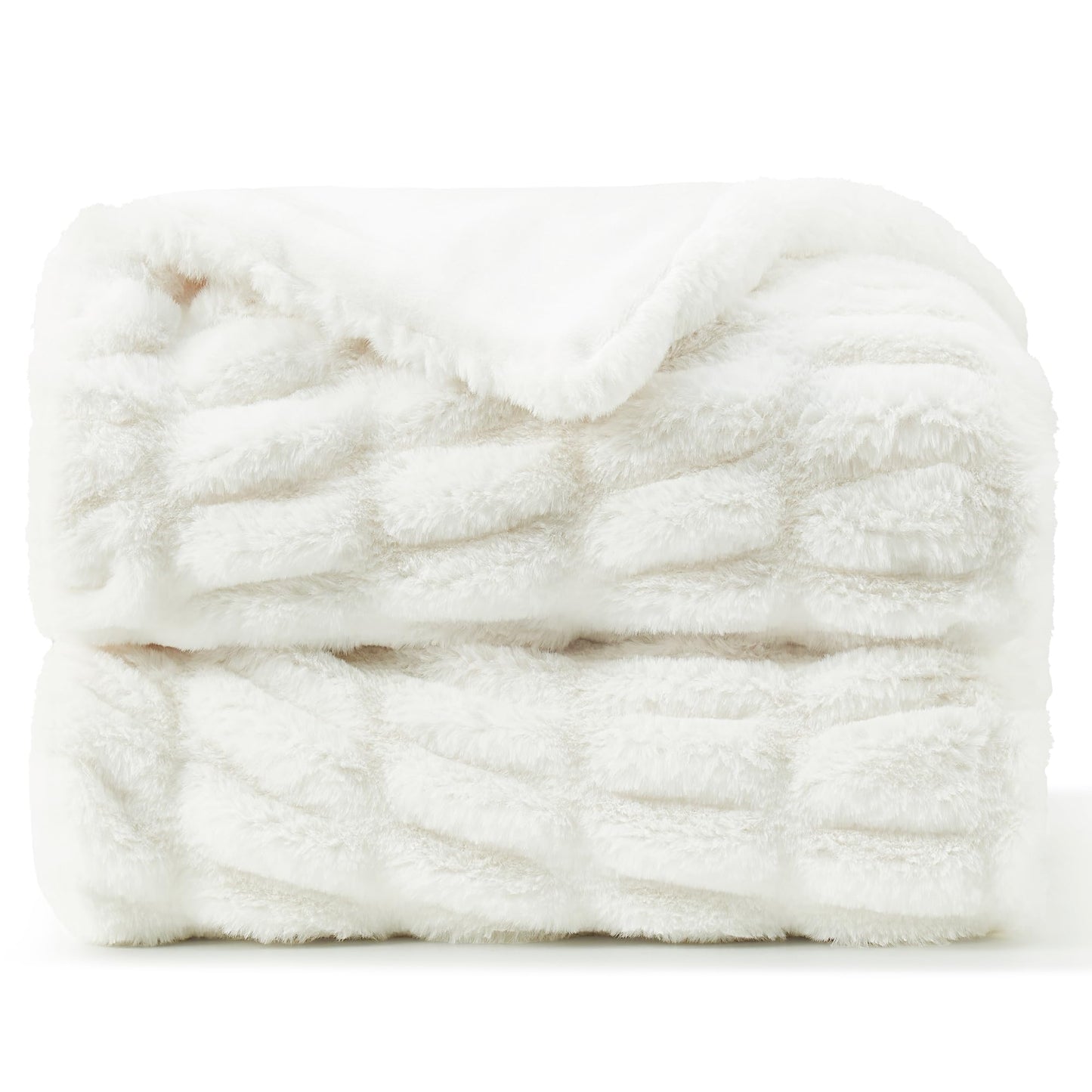 DREAMNINE Luxe Thick Fluffy Ruched Faux Rabbit Fur Throw Blanket for Couch 50" x 60", Decorative Super Soft Ruffle Warm Fuzzy Blankets for Winter, Double Sided Cozy Accent Shaggy Furry Blankets, White