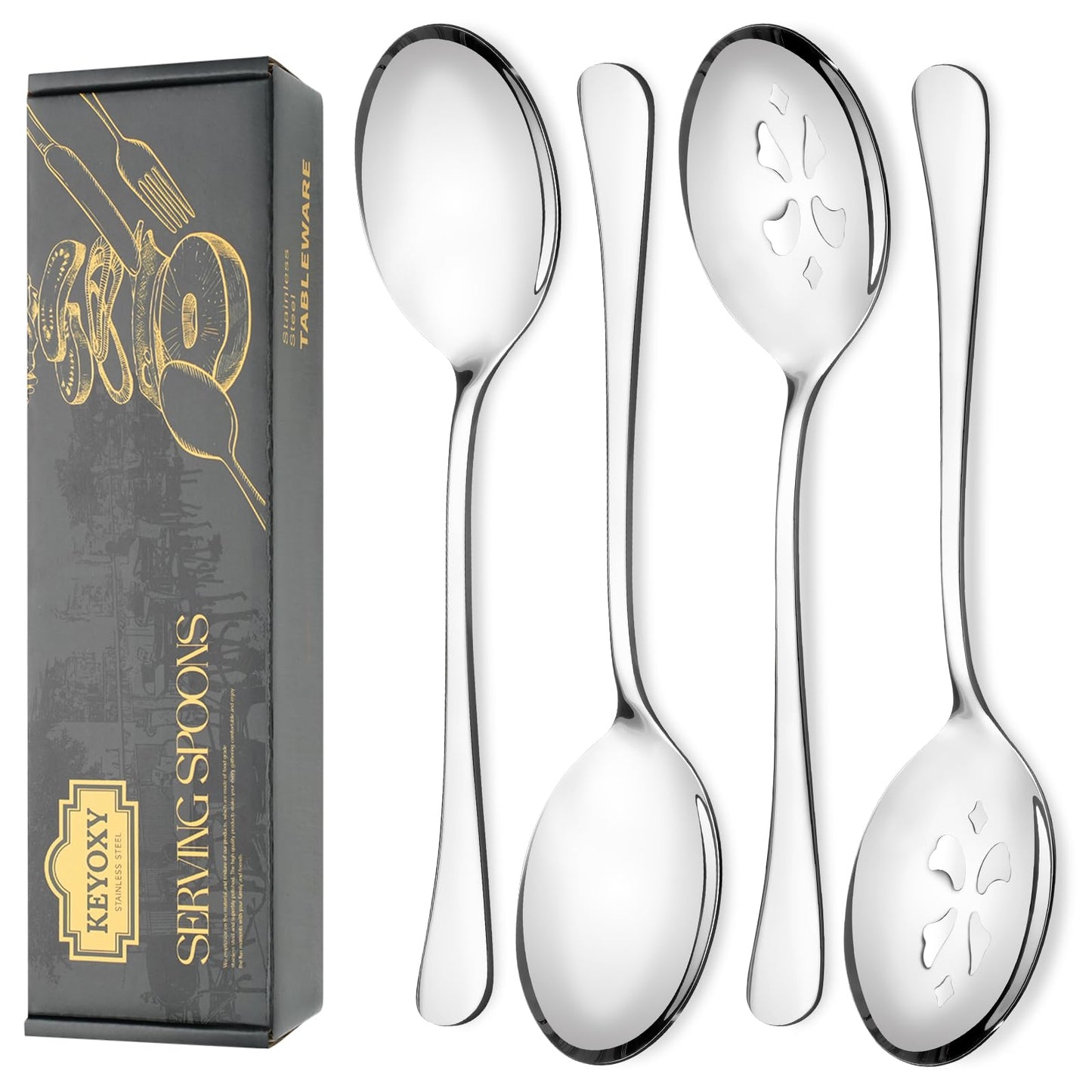 Keyoxy 4 Piece Stainless Steel Serving Spoon Set - 2 Large, 2 Slotted,Dishwasher Safe,10-Inch, for Parties/Kitchen/Buffet/Catering