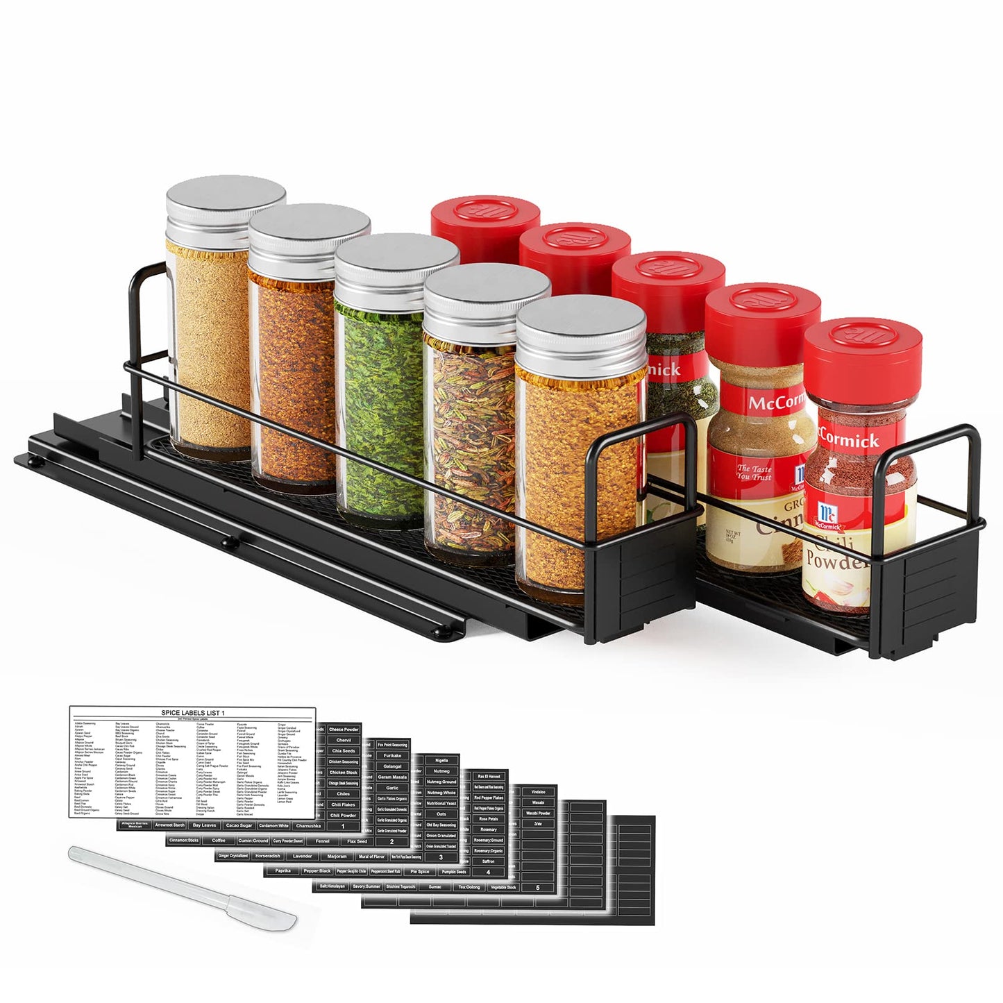 SpaceAid Pull Out Spice Rack Organizer for Cabinet, Heavy Duty Slide Out Seasoning Kitchen Organizer, Cabinet Organizer, with Labels, 5.2" W x10.75 D x10 H, 2 Drawers 2-Tier