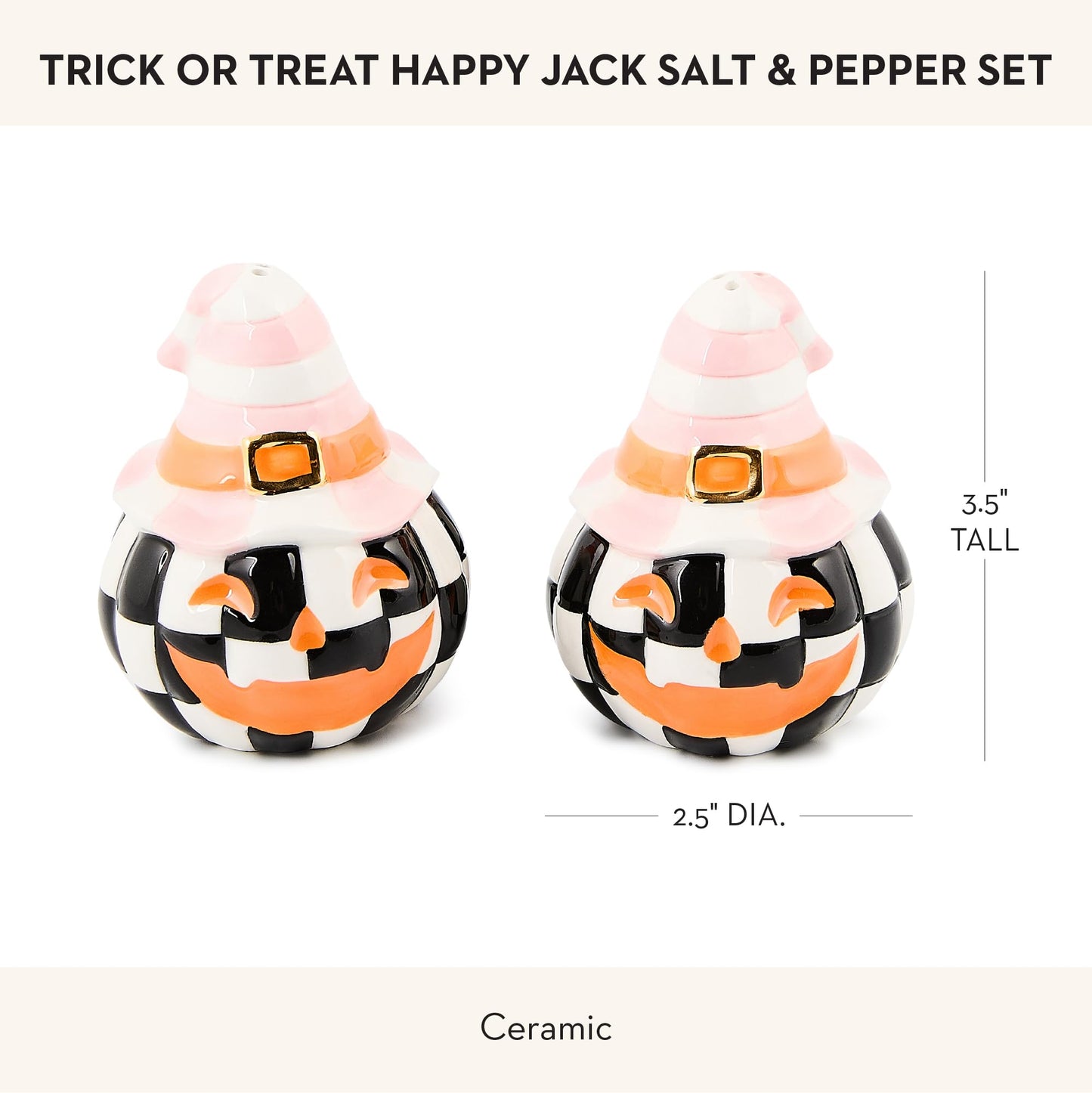 MACKENZIE-CHILDS Salt and Pepper Shaker Set, Ceramic Salt and Pepper Holders, Trick or Treat Happy Jack