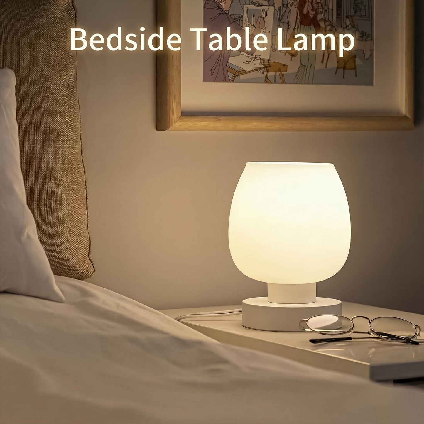 ONEWISH Small Bedside Lamp for Bedroom, 3-Way Dimmable Touch Control, 600 Lumen Bright Opal Glass Shade, 7.5 Inch Ultra Compact Nightstand Lamp, Warm White 2700K LED Bulb Included, Modern Design