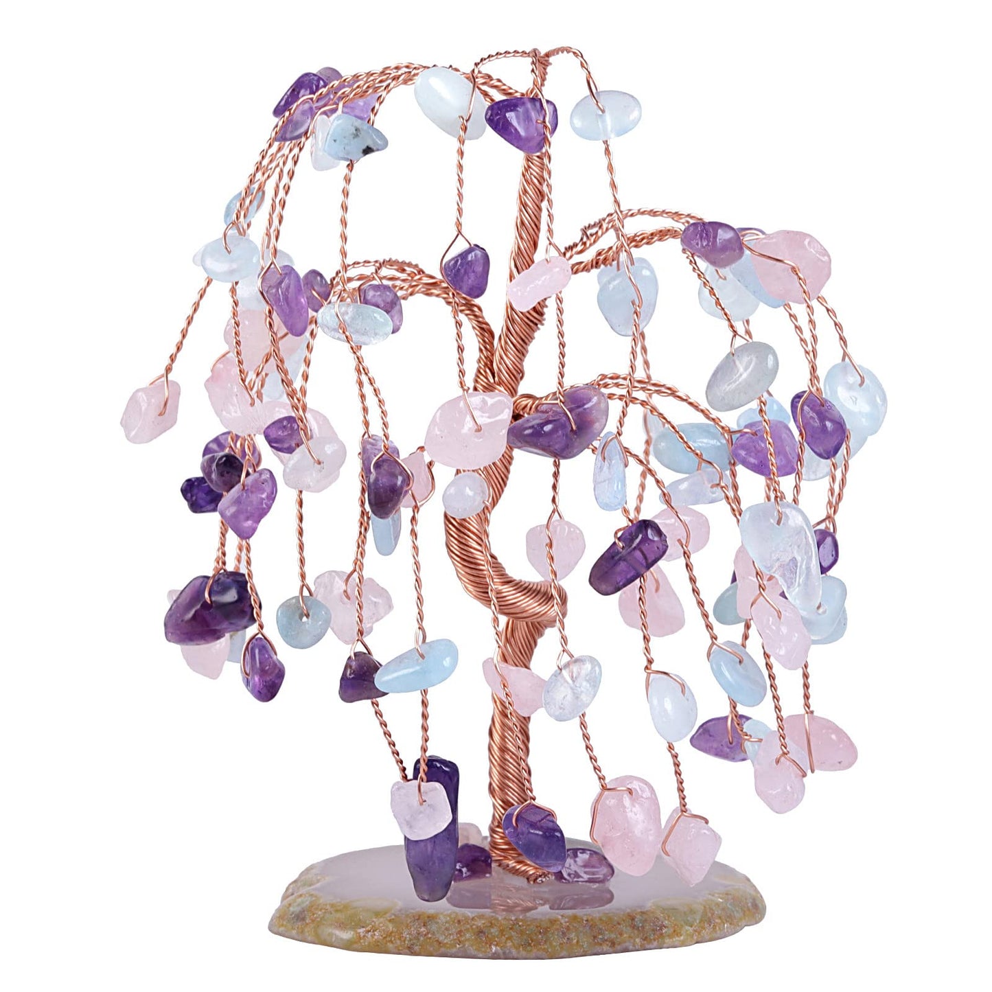 mookaitedecor Amethyst/Rose Quartz/Aquamarine Crystal Tree Tumbled Stones, Geode Agate Slices Base Money Tree Decoration for Wealth and Luck 5.7"-6.7"