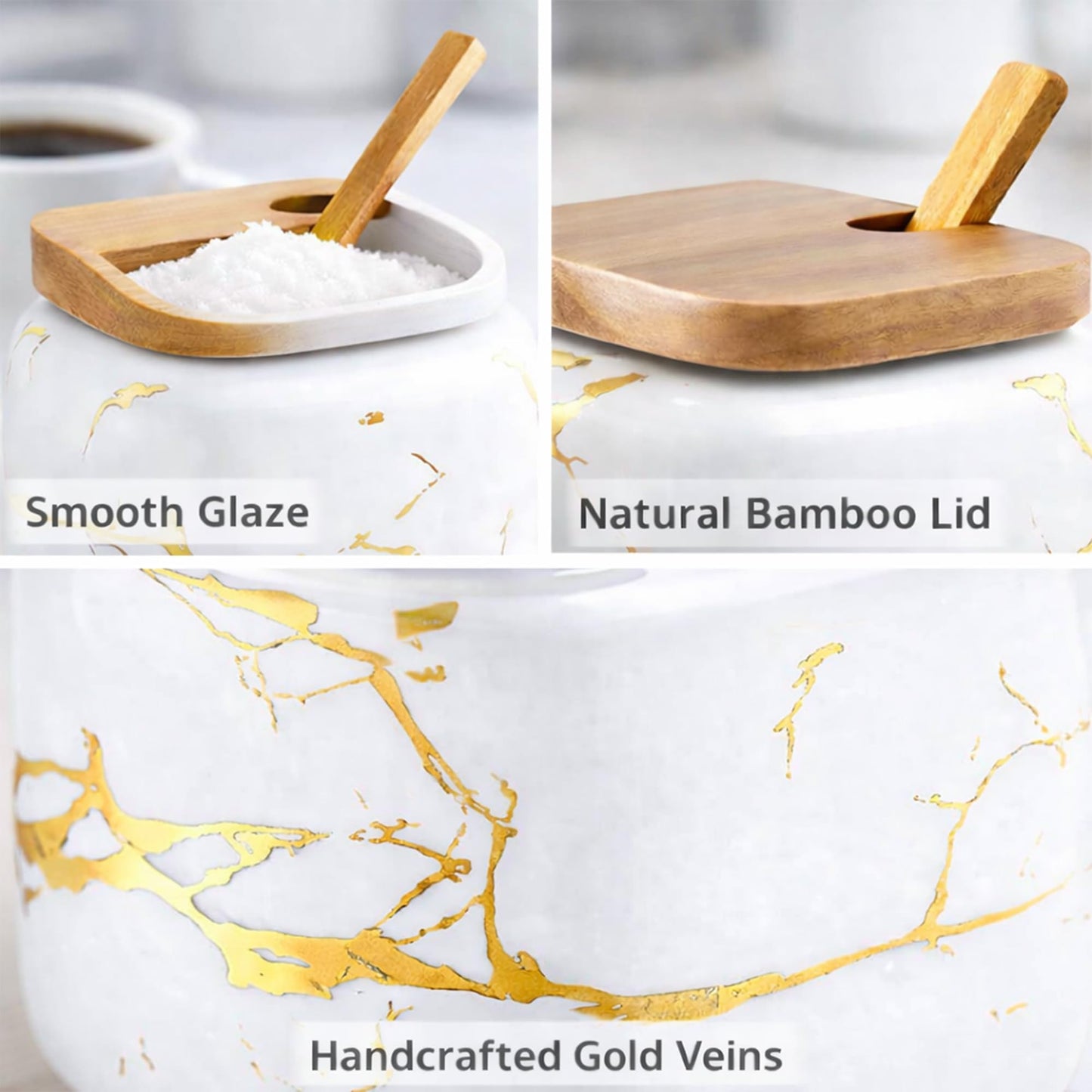 JFFLYIT 2 Sets of Marble Ceramic Sugar Bowl Ceramic Seasoning Jars with Wooden Lid and Wooden Spoon(White)