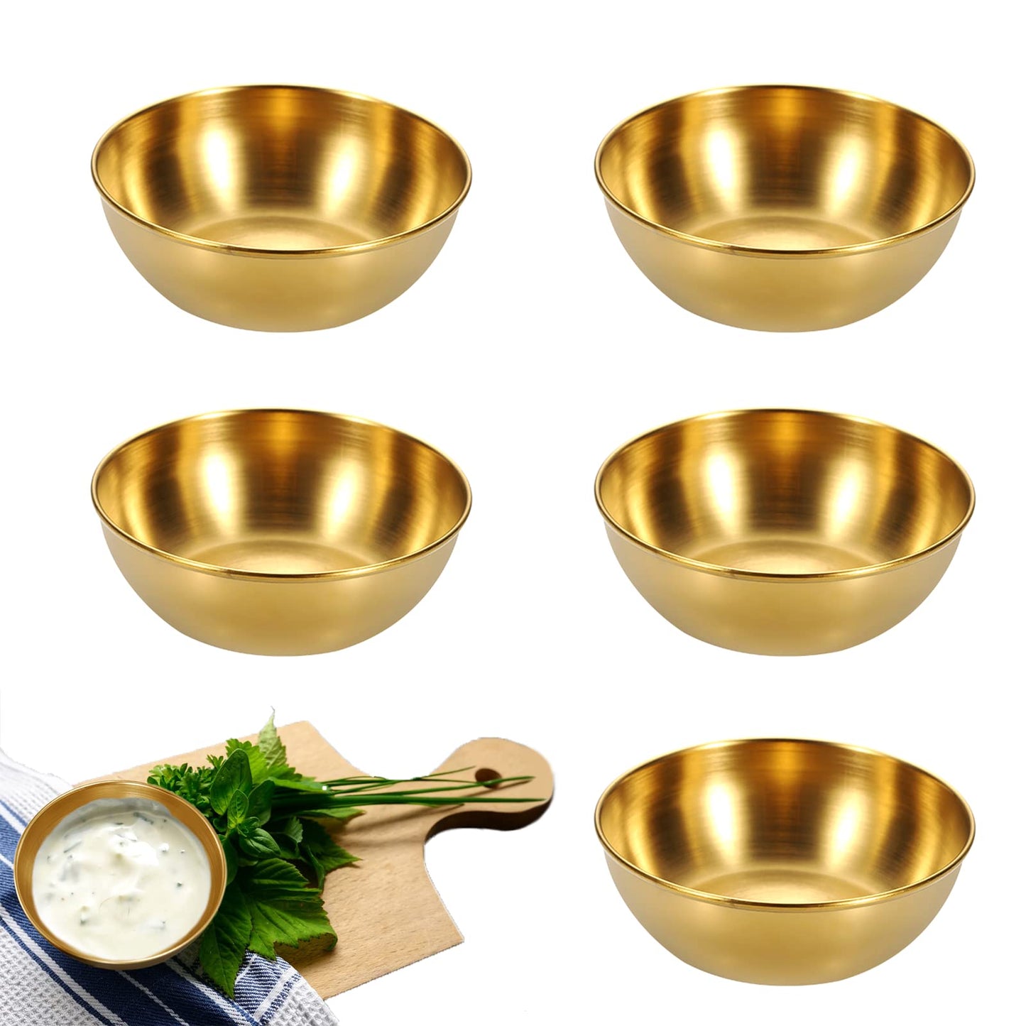 Vyooxcy 5 Pcs Gold Stainless Steel Sauce Dip Bowls，Mini Individual Saucers Bowl Round Seasoning Dishes Sushi Dipping Bowl Appetizer Plates