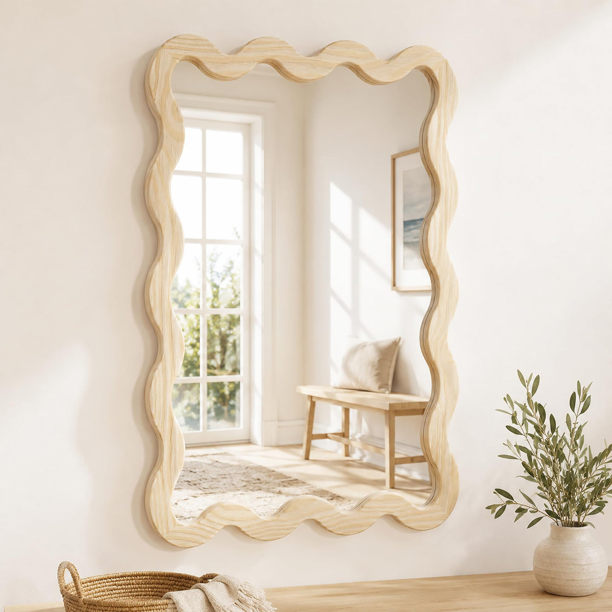 Pocetry 22"x30" Wood Wavy Wall Mirror for Powder Room, Solid Wood Squiggle Mirror for Vanity, Small Asymmetrical Irregular Mirror, Natural Wooden Boho Aesthetic Decor