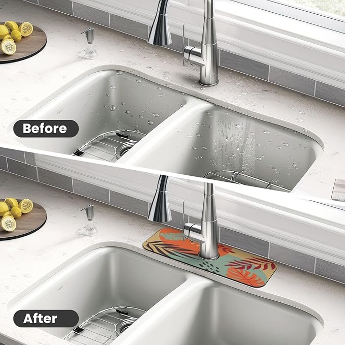 Boho Bohemian Abstract Floral Leaves Kitchen Sink Splash Guard Faucet Mat Super
