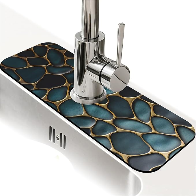 Kitchen Sink Splash Guard，Blue and gold stones Faucet Mat Sink Gadgets-Super
