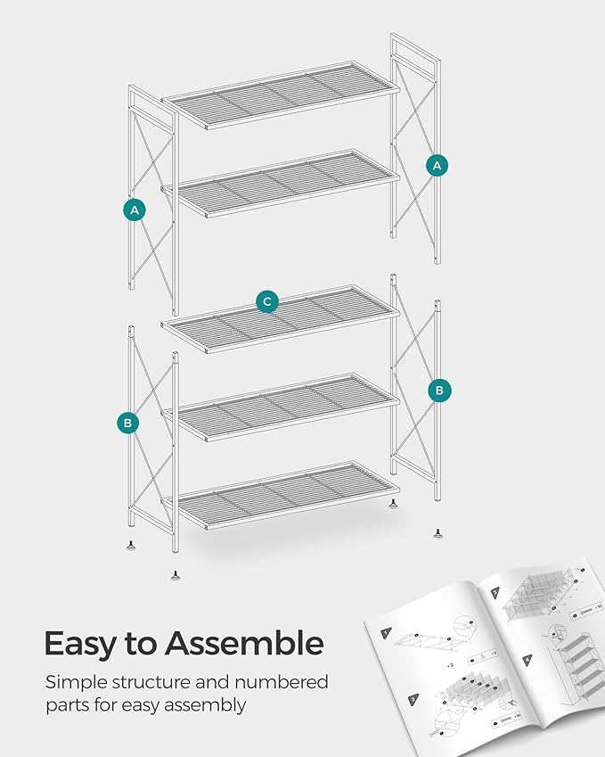 SONGMICS 5-Tier Metal Storage Rack, Shelving Unit with X Side Frames, Dense Mesh, 12.6 x 31.5 x 57.3 Inches, for Entryway, Kitchen, Living Room, Bathroom, Industrial Style, Ink Black UBSC185B01