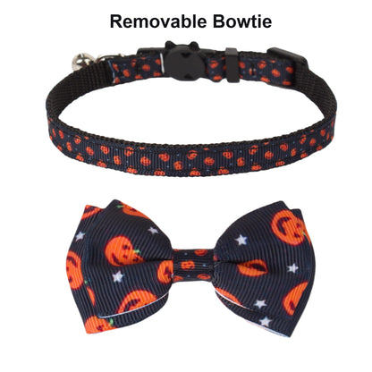 PTDECOR Halloween Cat Collars with Bow Tie Bell, 2 Pack Breakaway Kitten Collar with Removable Bowtie Pumpkin Halloween Collar for Girl Boy Cats (Black & Yellow)