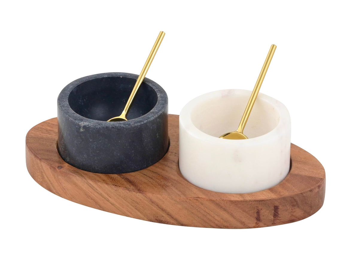 Cruiser’s Caché 2 Piece White and Black Marble Salt and Spice Cellar or Dipping Bowls with Wood Tray and Gold Spoons