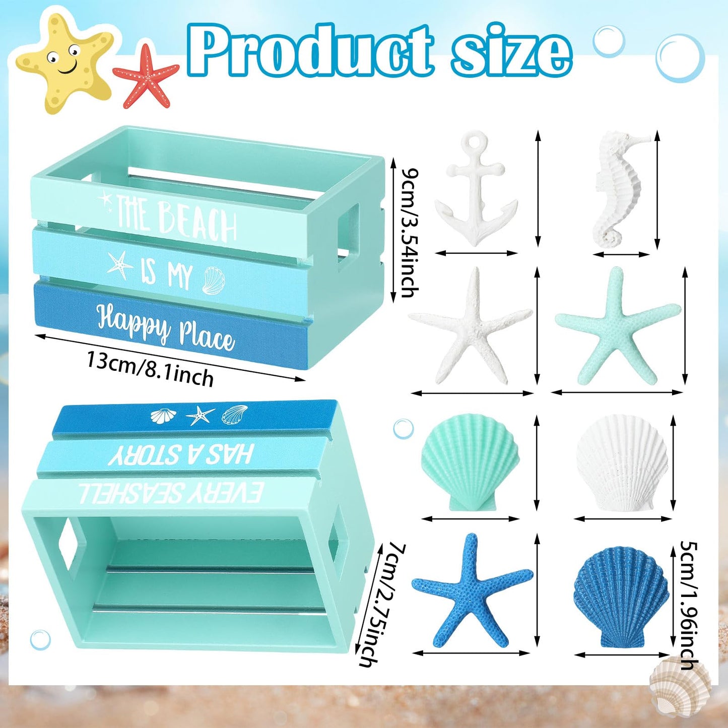 Maitys Beach Summer Table Decor Tiered Tray Decor Coastal Mini Wood Crate with 8 Starfish Shell Decoration, Farmhouse Table Centerpiece Rustic Nautical Decoration for Home Office Bathroom Shelf Mantel
