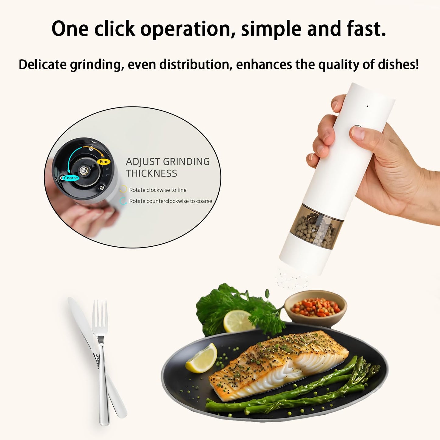 Electric Pepper Grinder,Electric Pepper Mill Grinder,Adjustable Coarseness,Efficient And Convenient,Easy To Clean,One Handed Operation,Type-C Rechargeable, A Reliable Assistant In The Kitchen(White)