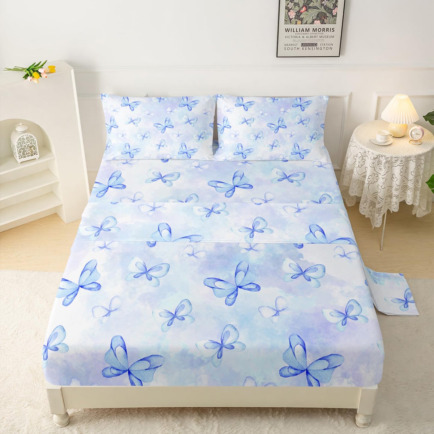 QOOMO Butterfly Bowknot Kids Bed Sheets Full Size,Blue Bow Tie Print Bedding Sheet Set,4Pcs Butterfly Knot Deep Pocket Bed Sets with 1 Fitted Sheet 1 Flat Sheet 2 Pillowcases for Boys Girls Teens