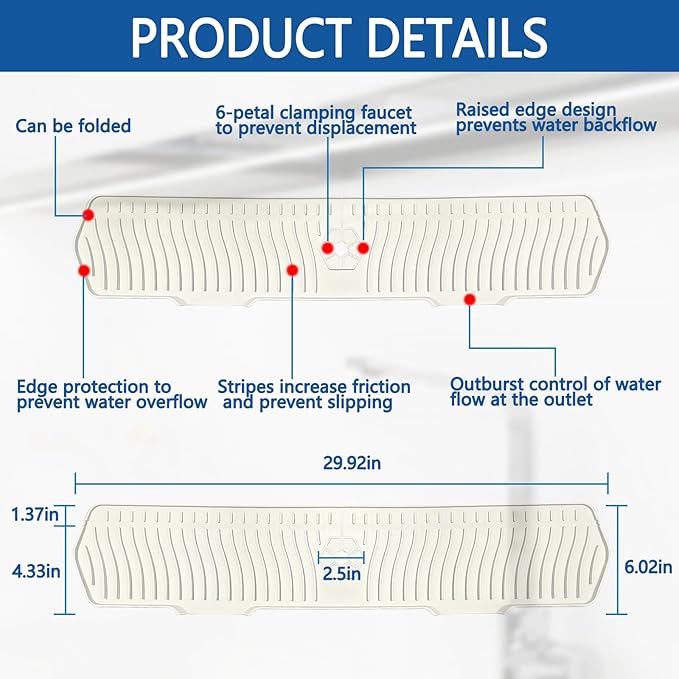 Kitchen Sink Splash Guard Gen2-30" x 6'' Silicone Sink Mat Splash Guard fit