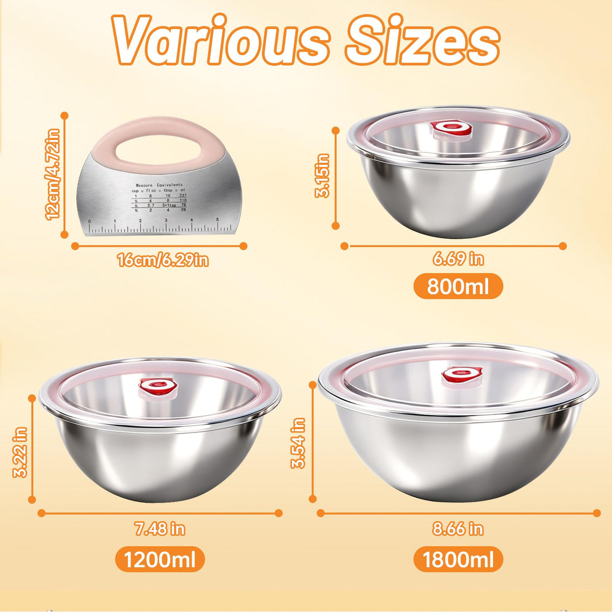 NOELNEXUS 3 PCS Pizza Dough Proofing Container Set, 27oz/40oz/60oz 304 Stackable Stainless Steel Proofing Box with Clear Lid, Includes Dough Scraper, Ideal for Bulk Fermentation of Sourdough & Bread