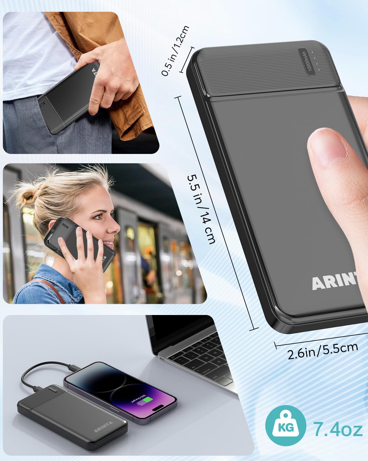 ARINTA Power Bank Battery Pack for Heated Jacket & Vest, Portable Charger 10000mAh PD 22.5W, Ultra Slim with USB-C Input/Output, Compatible for Smartphones & Tablets, Gifts for Men Women. (Black)