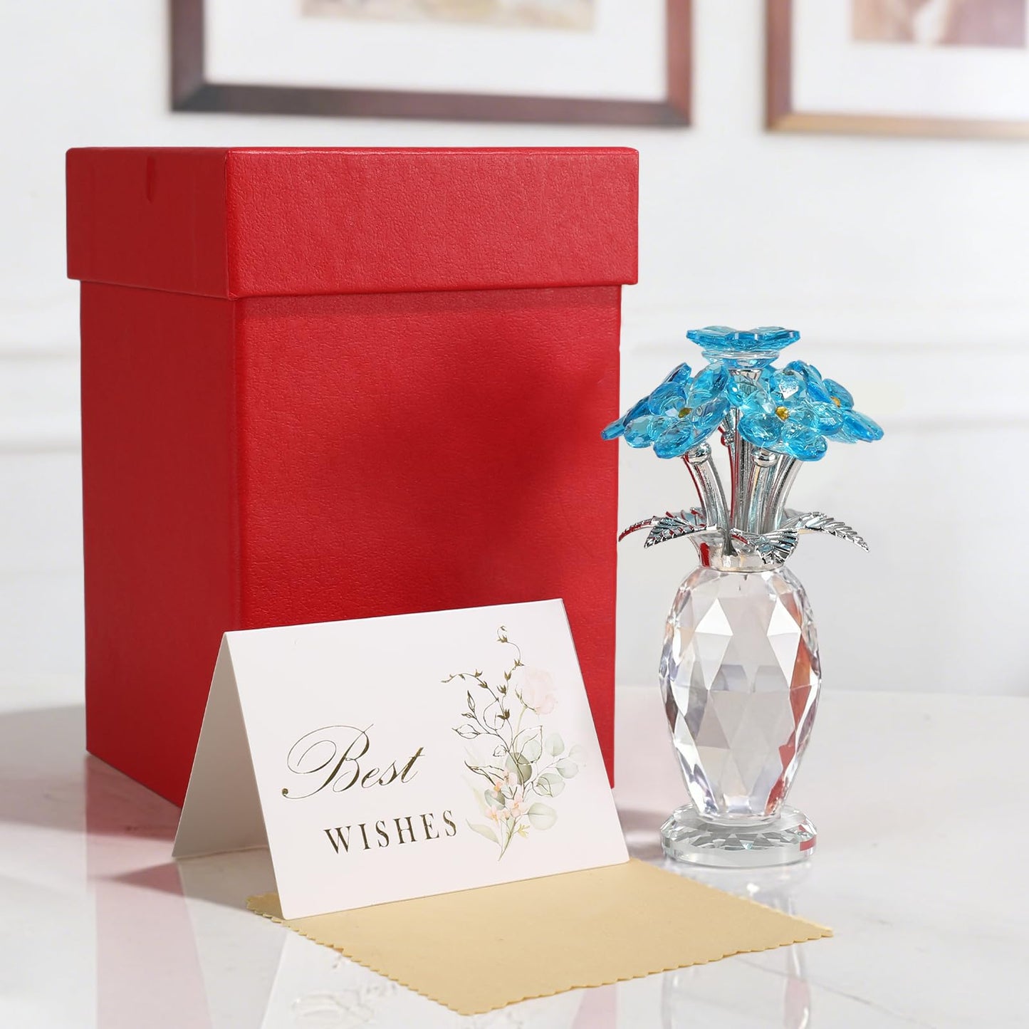 MysticGlitz Crystal Forget-Me-Not Flowers Figurine, Blue Glass Flower Bouquet with Silver-Plated Stem & Faceted Crystal Vase, 5.7" Tall Crystal Collectible, Home Decor