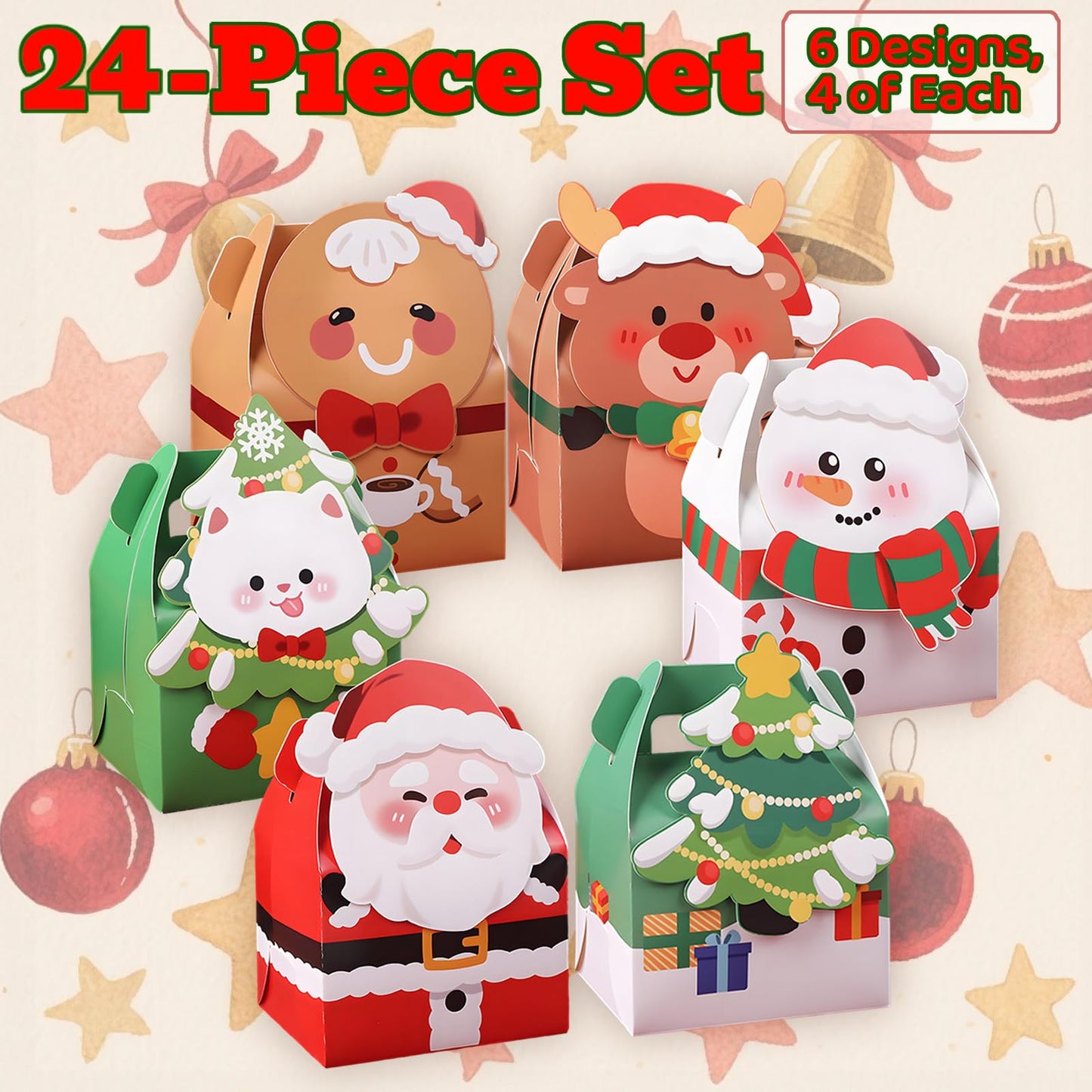 Muswarm 24 PCS Christmas Small Gift Boxes, Xmas 3D Cartoon Paper Boxes for Presents with Handles, Candy Treat Cookie Box, School Classroom Holiday Party Favor Supplies, 6 Designs