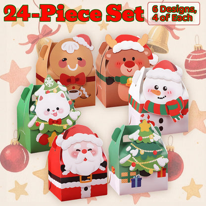 Muswarm 24 PCS Christmas Small Gift Boxes, Xmas 3D Cartoon Paper Boxes for Presents with Handles, Candy Treat Cookie Box, School Classroom Holiday Party Favor Supplies, 6 Designs