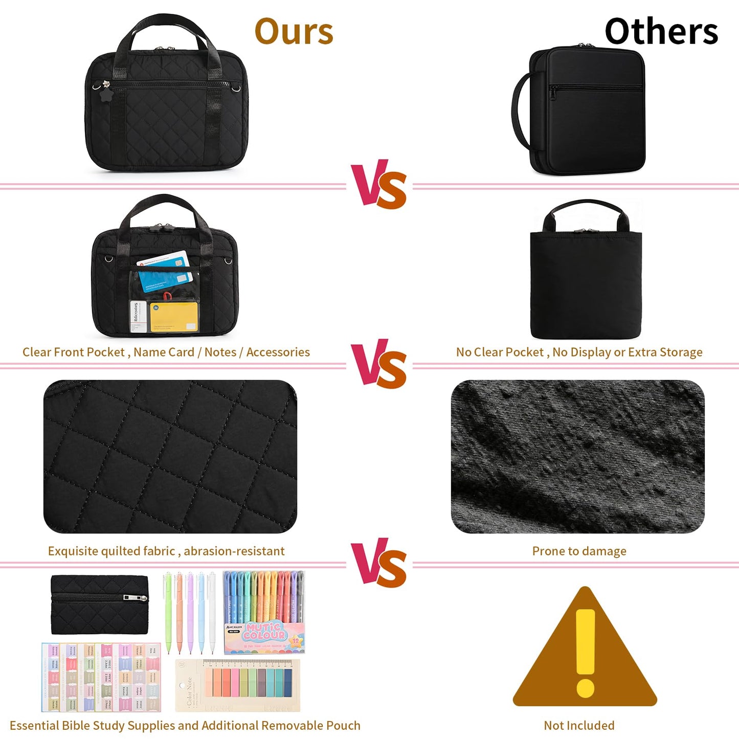 Quilted Bible Cover for Women, Zippered Bible Case with Handle, Bible Organizer Bag w/Multiple Pockets & Pen Slots Lightweight Bible Tote Bag for Church Study, Gifts for Women (Black)