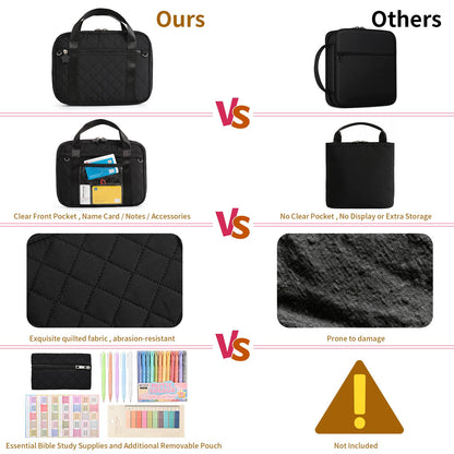 Quilted Bible Cover for Women, Zippered Bible Case with Handle, Bible Organizer Bag w/Multiple Pockets & Pen Slots Lightweight Bible Tote Bag for Church Study, Gifts for Women (Black)