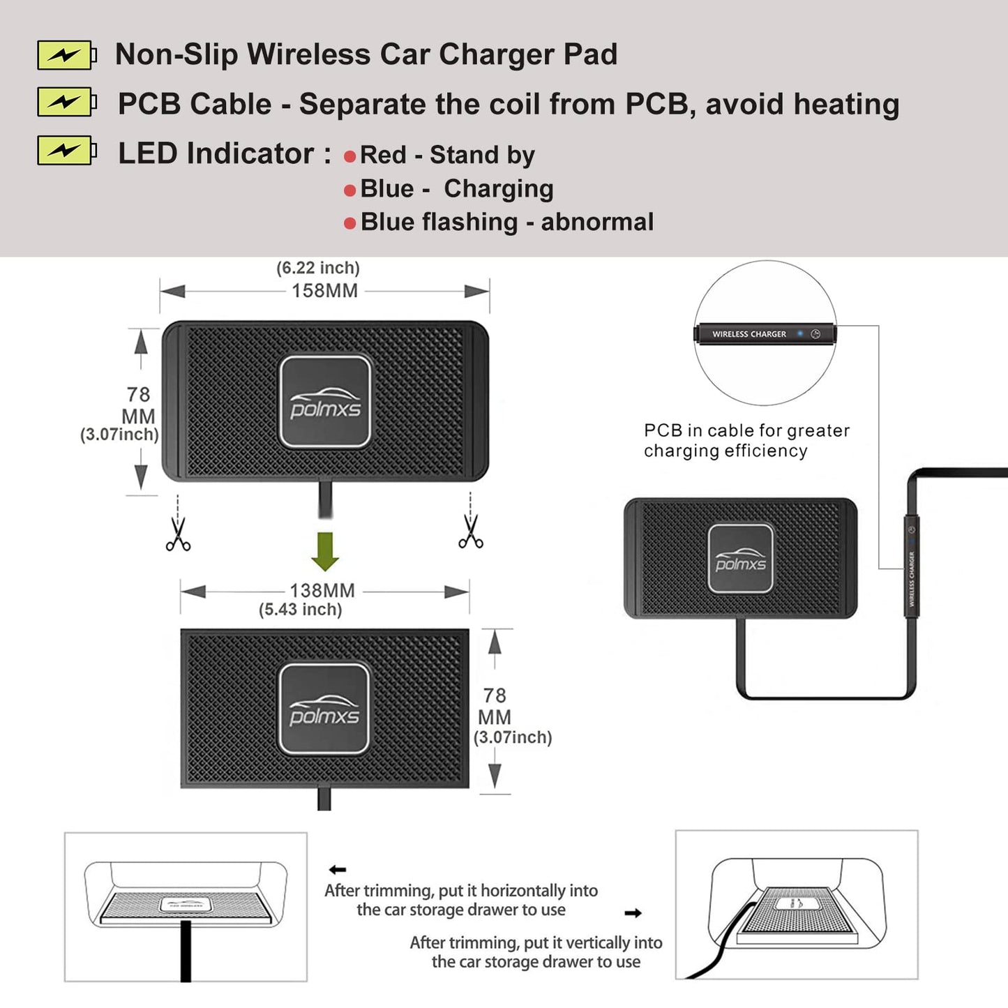 POLMXS Wirpad Wireless Charger Car Charging pad POLC 15W Fast Wireless Phone Charger Cell Phone Cordless Charging mat Compatible with iPhone 12/13/14/15 Series& Samsung Galaxy S21/S22/S23/24 (C1Y)