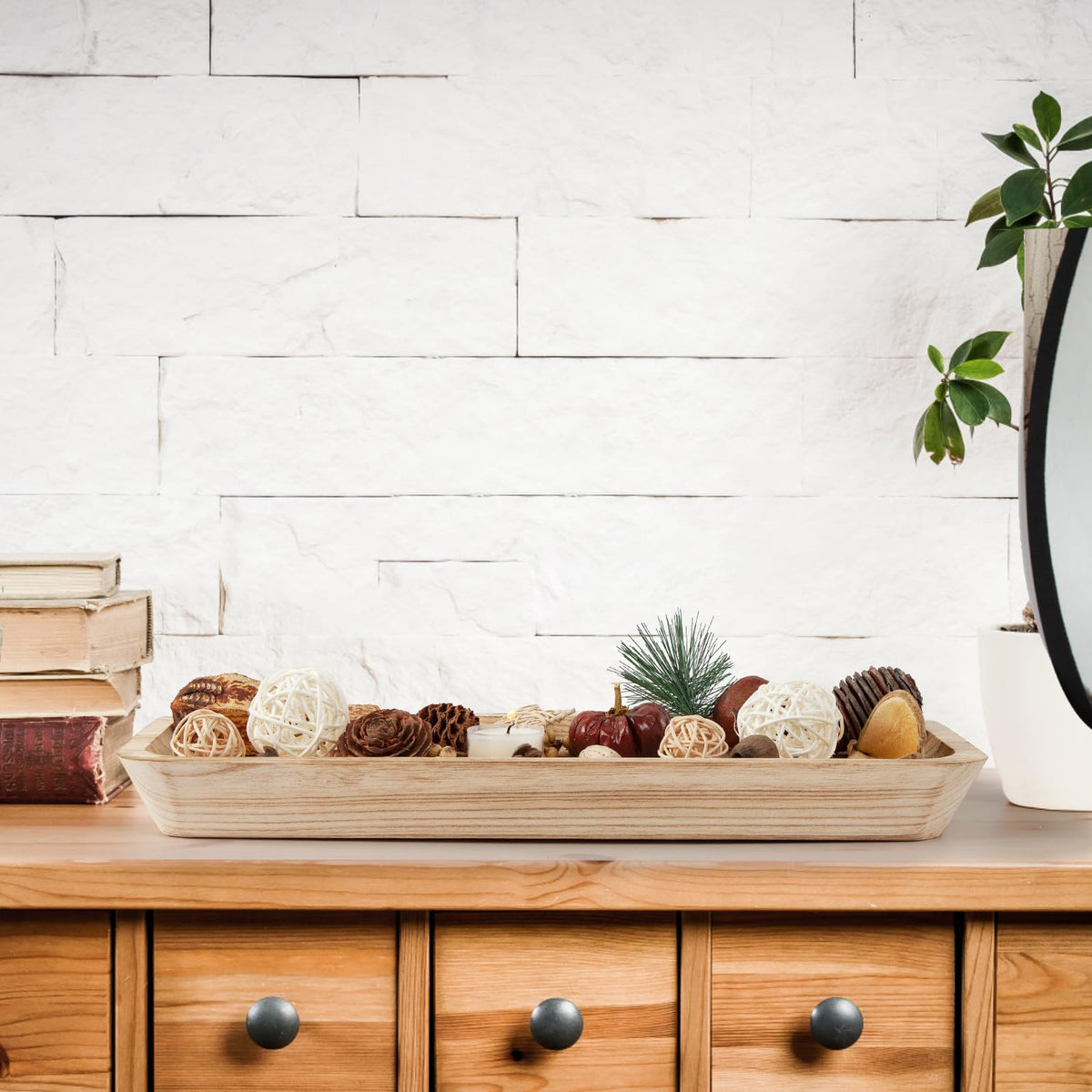 16" Long Wooden Dough Bowl for Home Decor - Rustic Farmhouse decorative bowl, Wood Bowl Kitchen Table Decor, Dining Room Centerpiece with Natural Wood Grain