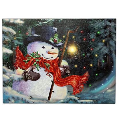 BANBERRY DESIGNS LED Wall Art - Lighted Snowman Canvas Print - Christmas Wall Hanging Snowman with a Red Scarf Holding a Lantern - Winter Holiday Scene 11.75" H x 15.75" W