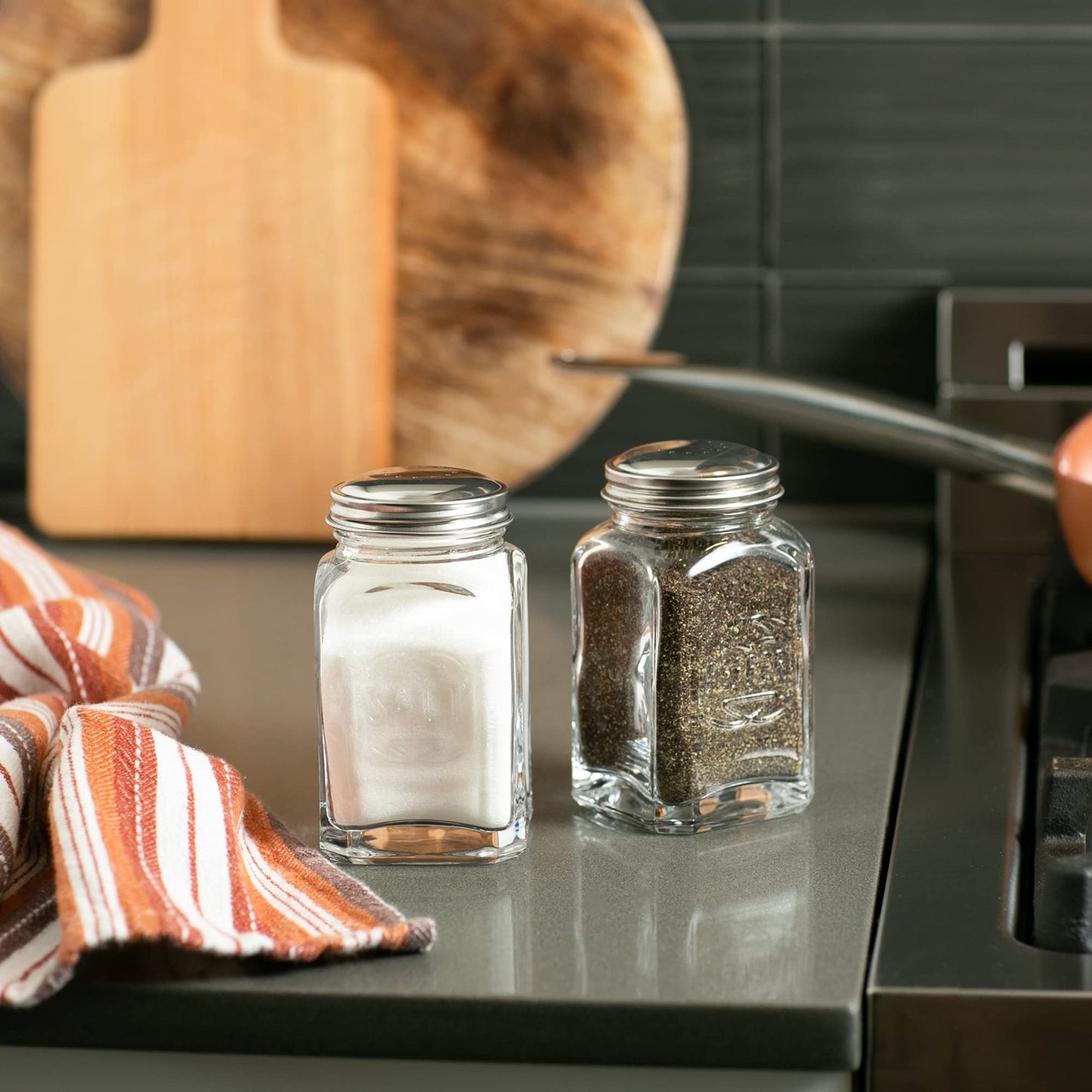 RSVP International Jumbo Retro Glass Salt & Pepper Shaker, Screw On Stainless Steel Lid, Each Shaker Holds 8 Ounces, Clear, 2.25x2.25x4.3, 2 Piece