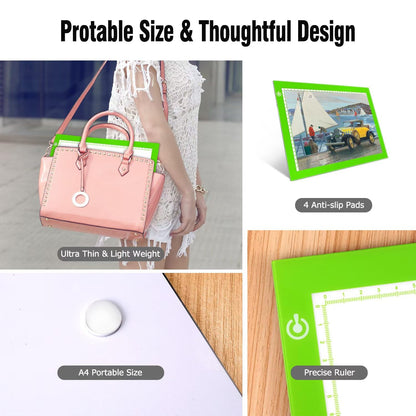 Green A4 Dimmable LED Artcraft Light Box Tracer Slim Light Pad Portable Tablet, USB Power Cable Copy Drawing Board Tracing Table for Artists Designing, Animation, Sketching, Stenciling X-ray Viewing