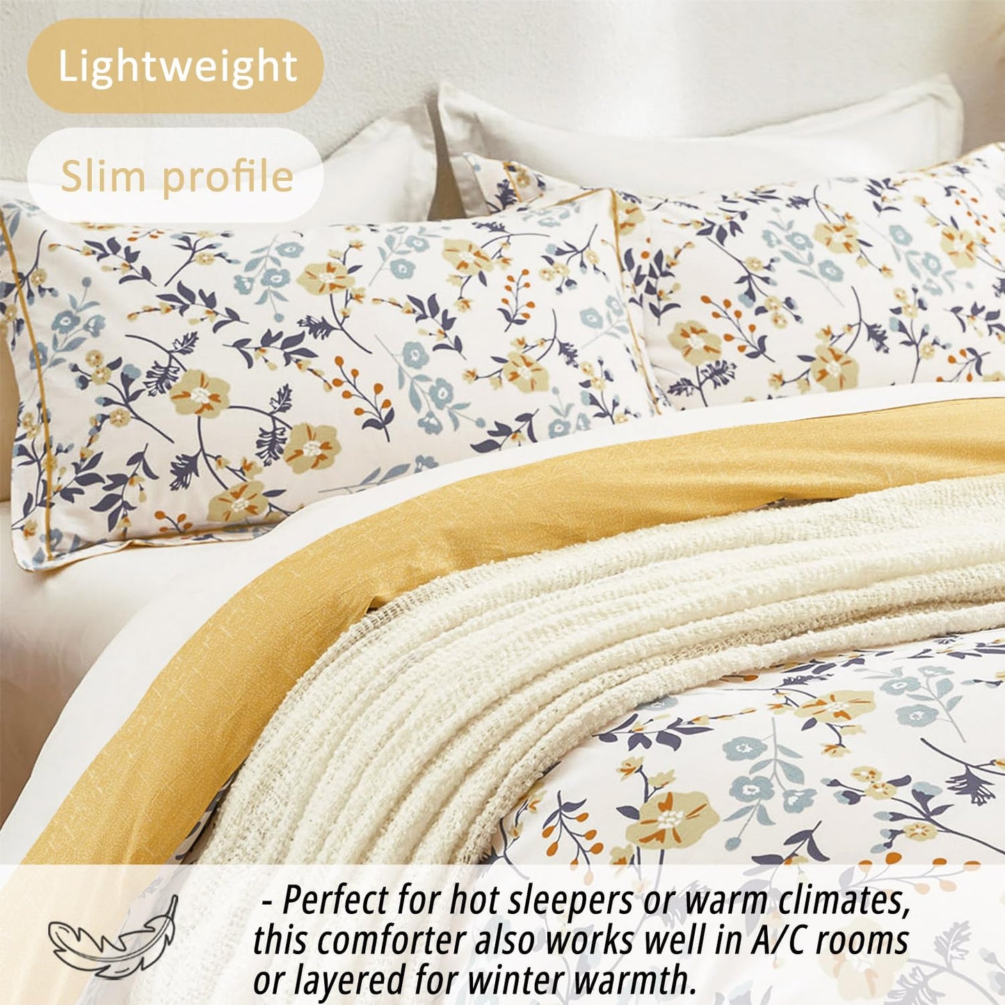 LEMIROE Yellow Floral Cotton Comforter King Size - Orange, Blue & Slate Gray Botanical Pattern on Off White, Reversible Design, 3PC Lightweight Bedding Set with Soft Alternative Fill (King)