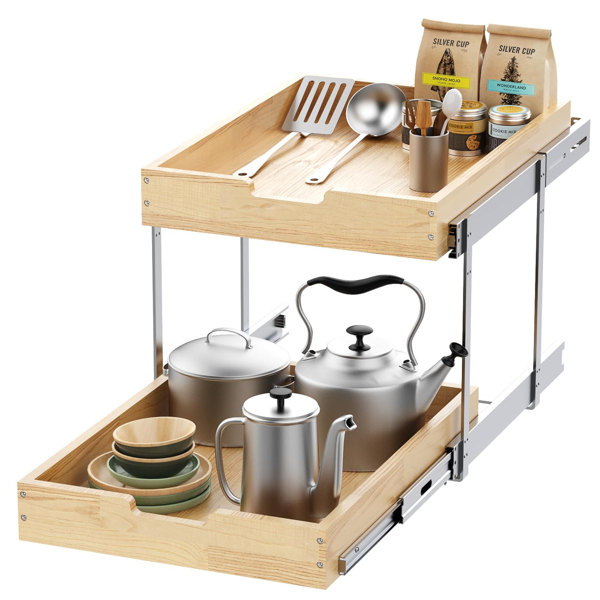 Sikarou Wood Pull Out Cabinet Organizer 2 Tie 23" W x 21" D, Heavy-Duty Sliding Drawers for Inside Cabinets Storage and Organization for Kitchen, Pantry, Bathroom