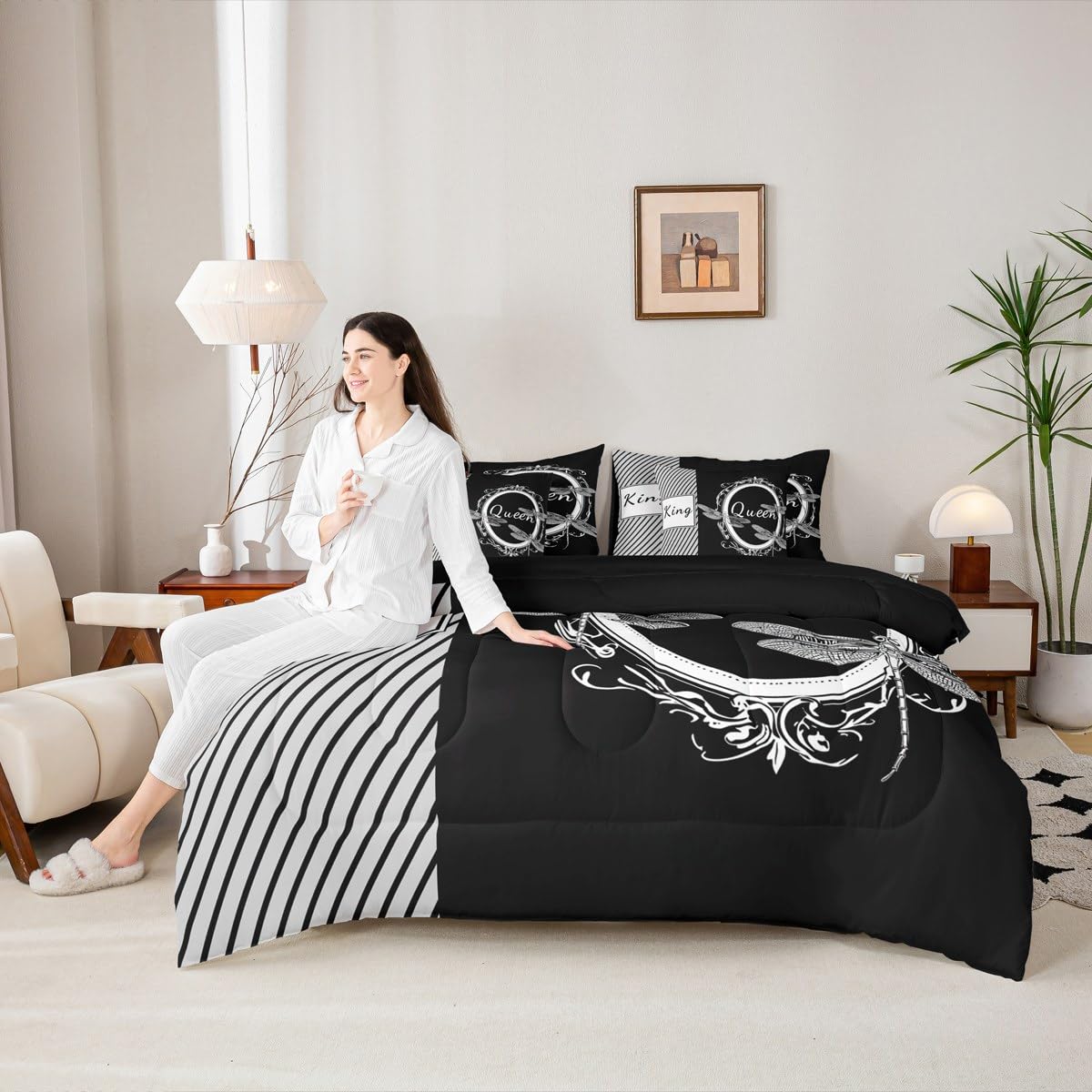 Dragonfly Bed in a Bag Queen Comforter Set 7 Piece,King and Queen Bedding Sets Couples Gifts for Men Women Black and White Comforter and Sheet Set, Aesthetic Animal Bed Sets,Valentines Day Decorations