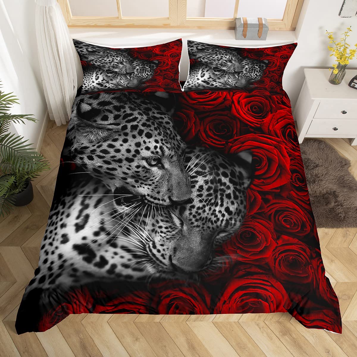 Red Rose Bedding Set Queen,Leopard Printed Comforter CoverGirls,Kids Wild Animals Duvet Cover Set Romantic Flowers Bedspread Cover Fashion Teens Bedroom Decor 3 Pcs Bed Collection(No Comforter)