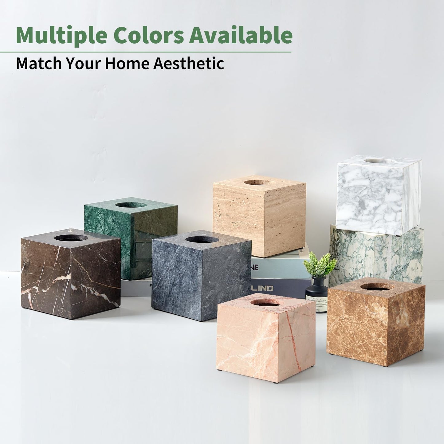 Real Natural Marble Tissue Box Cover, 5.5 Inch Square Marble Tissue Box Holder with Open Bottom, Heavy Stone Decorative Organizer for Bathroom Vanity, Kitchen Countertop, Luxury Home Décor
