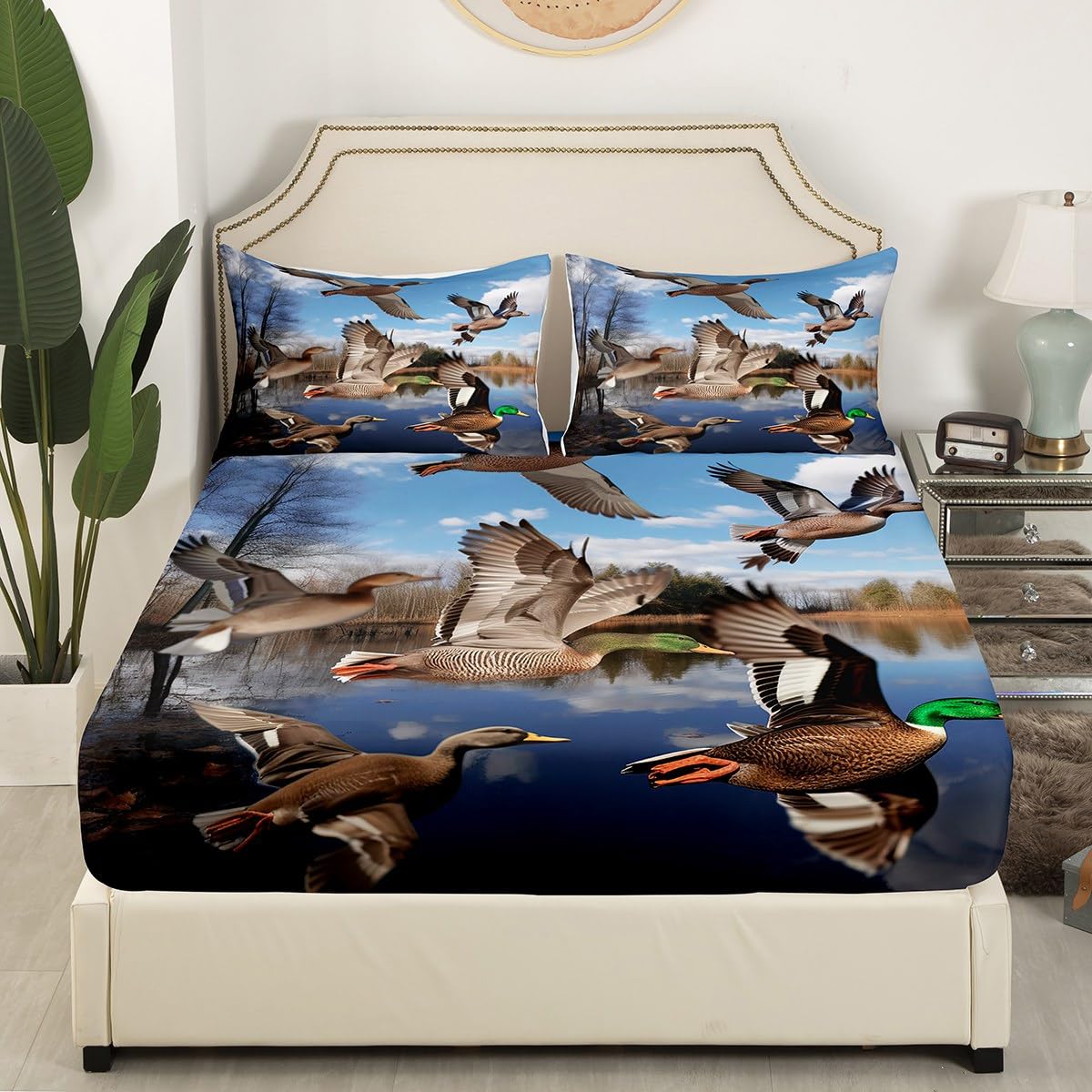 Erosebridal Duck Hunting Sheet Set for Teens Youth,Mallard Duck Bed Sheets Full Size,Nature Landscape Bedding Set Bedroom Decor,Woodland Farmhouse Animal Fitted Sheet + Flat Sheet + 2 Pillow Shams
