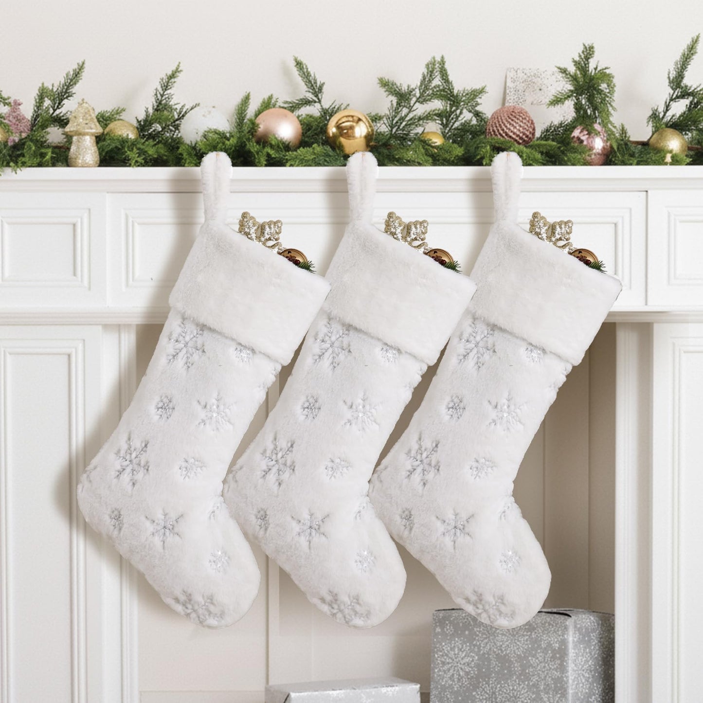 CARAKNOTS White Christmas Stockings 3 Pack 21 inches Large Neutral Luxury Christmas Stockings for Family Kids Faux Fur Xmas Silver Farmhouse Fireplace Hanging Decorations