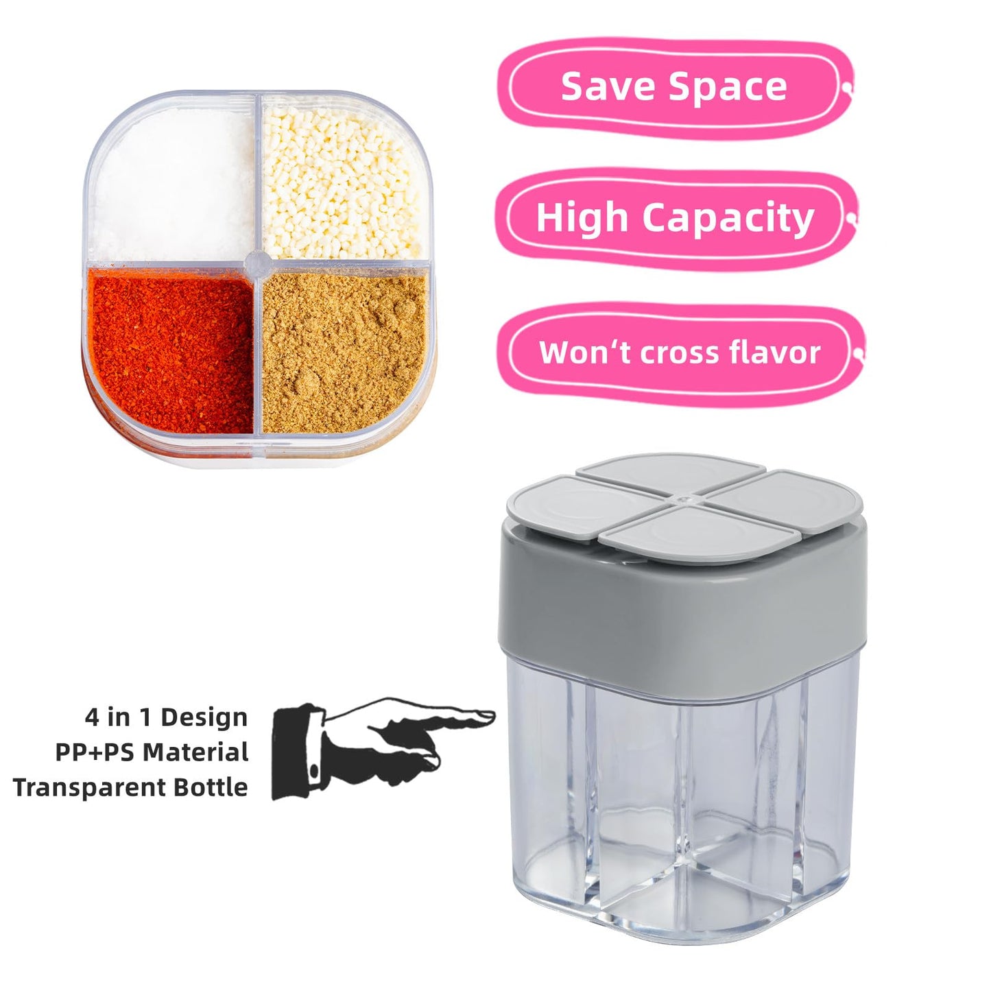 Miayon 4 Pack 4 in 1 Salt and Pepper Shaker Travel Spice Container Camping Seasoning Shaker RV Condiment Jars with Lid Camping Spice Kit for Home Restaurant Travel RV Cooking BBQ