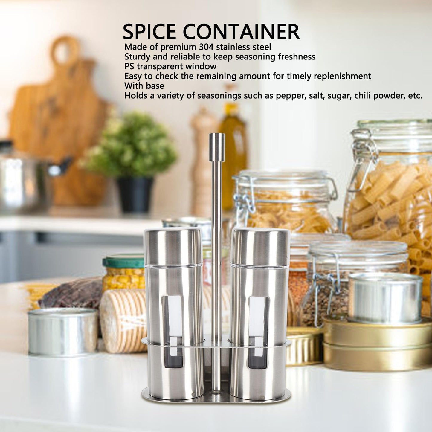 Salt and Pepper Shakers with Holder, Stainless Steel Salt Shaker with Base Stand Sugar Seasoning Bottle Jar for Kitchen Restaurant