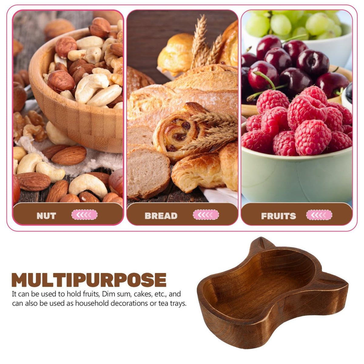 PRETYZOOM Cow Head Wood Serving Bowl 7.75 Inch Rustic Fruit Bowl Nut Dish Decorative Snack Plate for Home Kitchen Dining