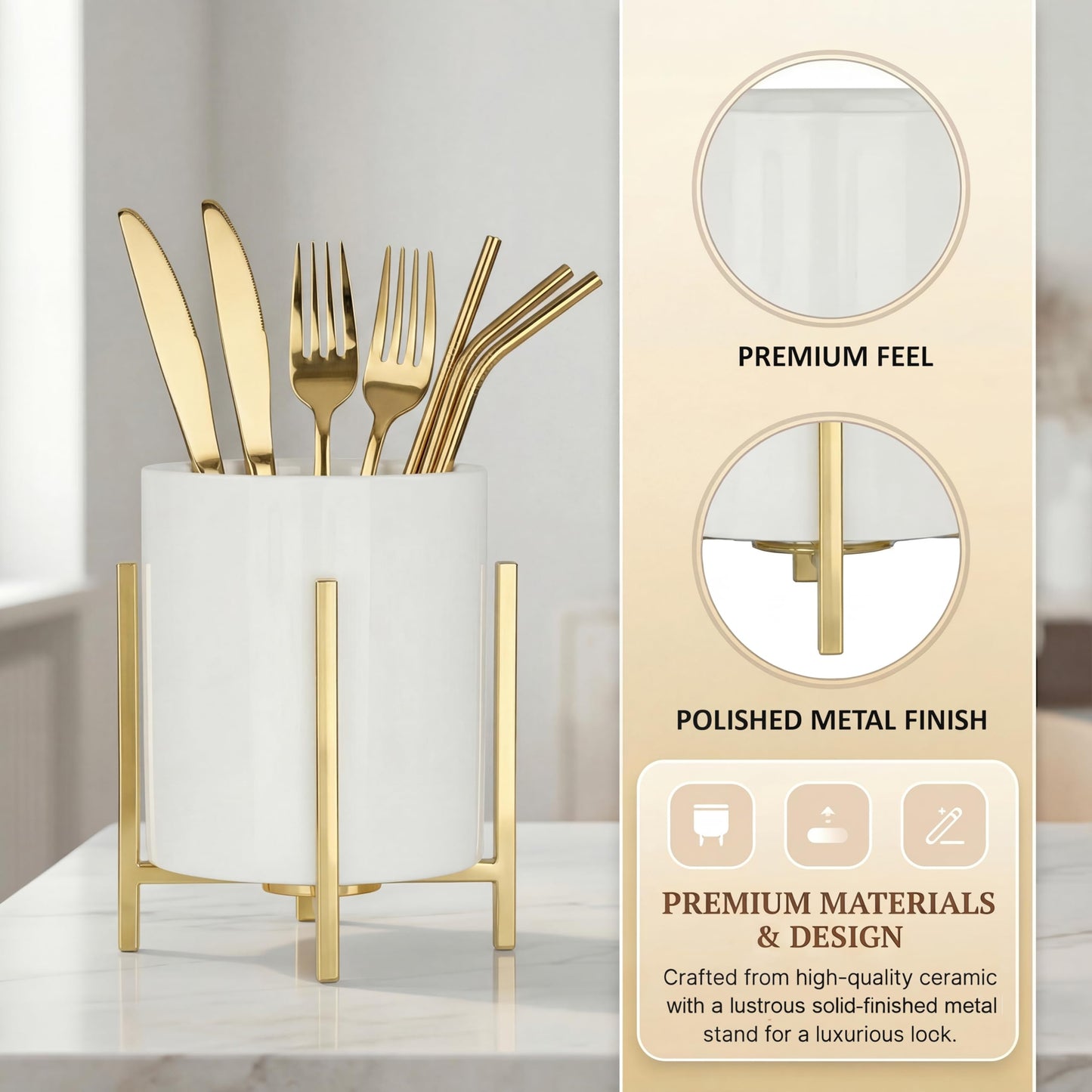 MONOSUGO 4.72" Gold Pen Holder Aesthetic Pencil Holder for Desk, Gold Desk Organizers and Accessories for Women Girls, Ceramic Pen Holder for Office