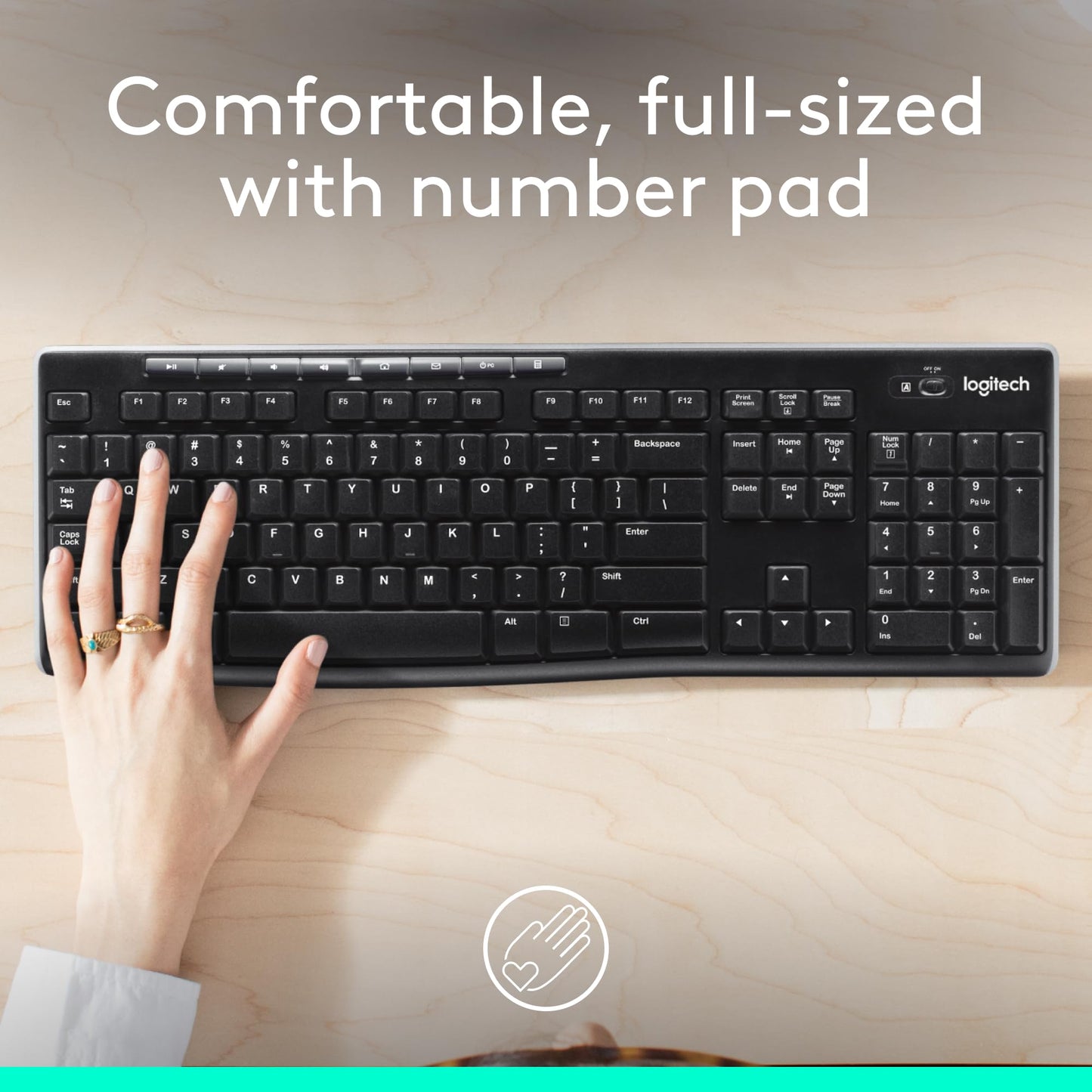Logitech K270 Wireless Keyboard for Windows, 2.4 GHz Wireless, Full-Size, Number Pad, 8 Multimedia Keys, 2-Year Battery Life, Compatible with PC, Laptop, QWERTY UK English Layout - Black