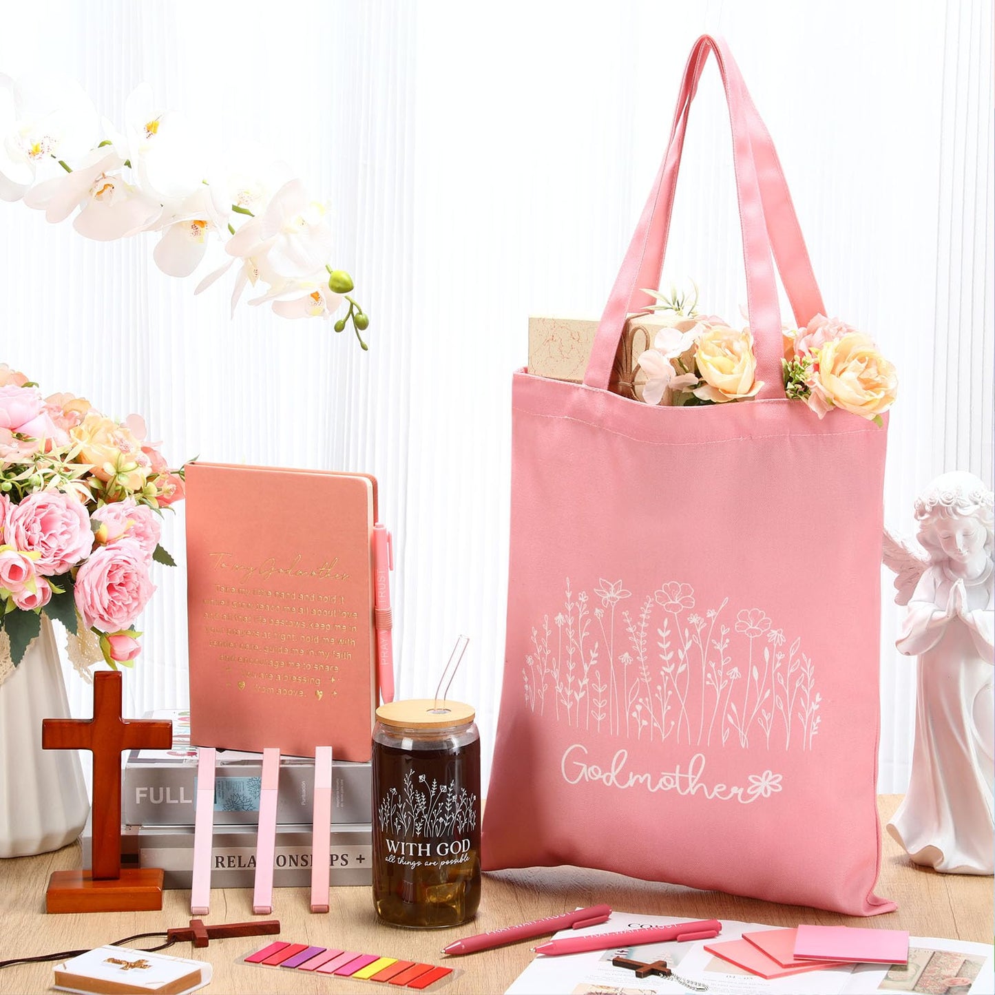 Talltalk 14 Pcs Godmother Appreciation Gift Set for Women 16oz Glass Canvas Bag A5 Journal Ballpoint Pen Notes Highlighter for Mother's Day Easter Birthday Wishes(Pink)