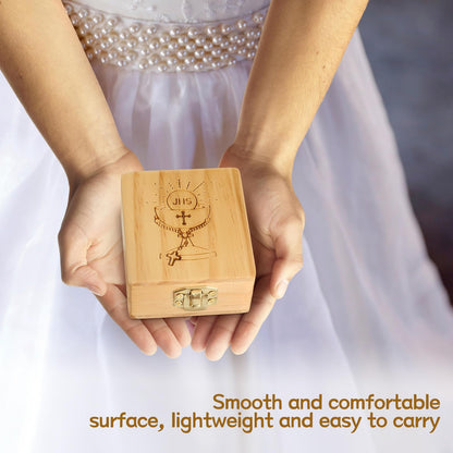 Menkxi First Communion Jewelry Box 2.8 x 3.2 x 1.4 Inch Wooden Religious Keepsake Boxes Catholic First Holy Communion Gifts for Beads Jewelry Keepsake Mementos