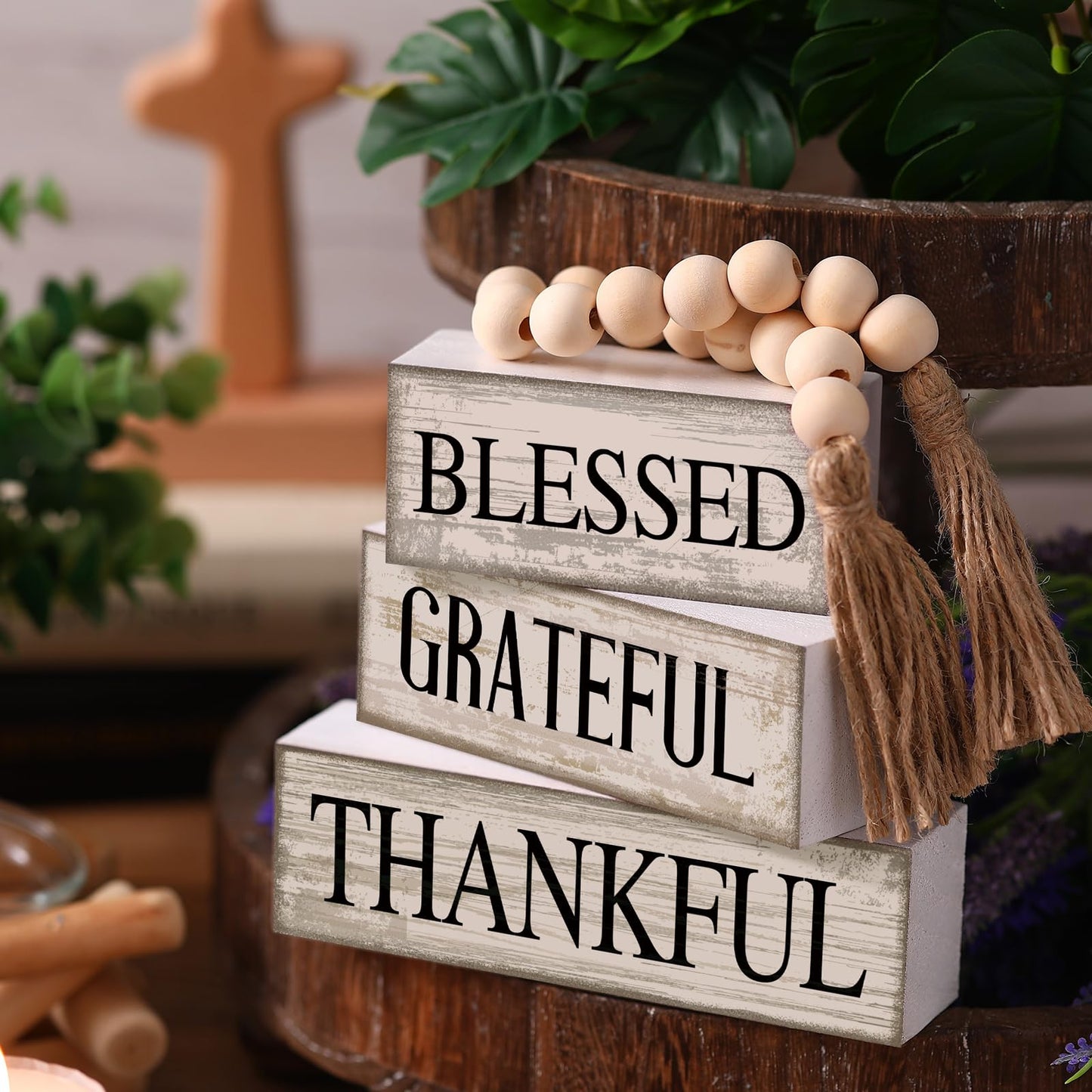 4 Pcs Farmhouse Wooden Tabletop Decor Neutral Farmhouse Tiered Tray Decor Rustic Retro Wood Bead Garland Blessed Grateful Thankful Block Sign Centerpiece for Coffee Home Office Shelf Mantle Table