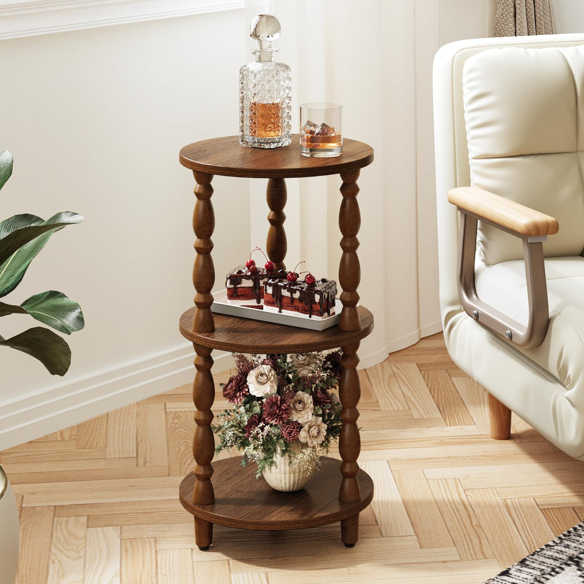 Yoobure Small Round Side Table - 3-Tier End Table with Storage Shelf, Narrow Bedside Table Nightstand for Bedroom, Accent End Tables Living Room, Wood Side Tables for Small Spaces, Office, Walnut