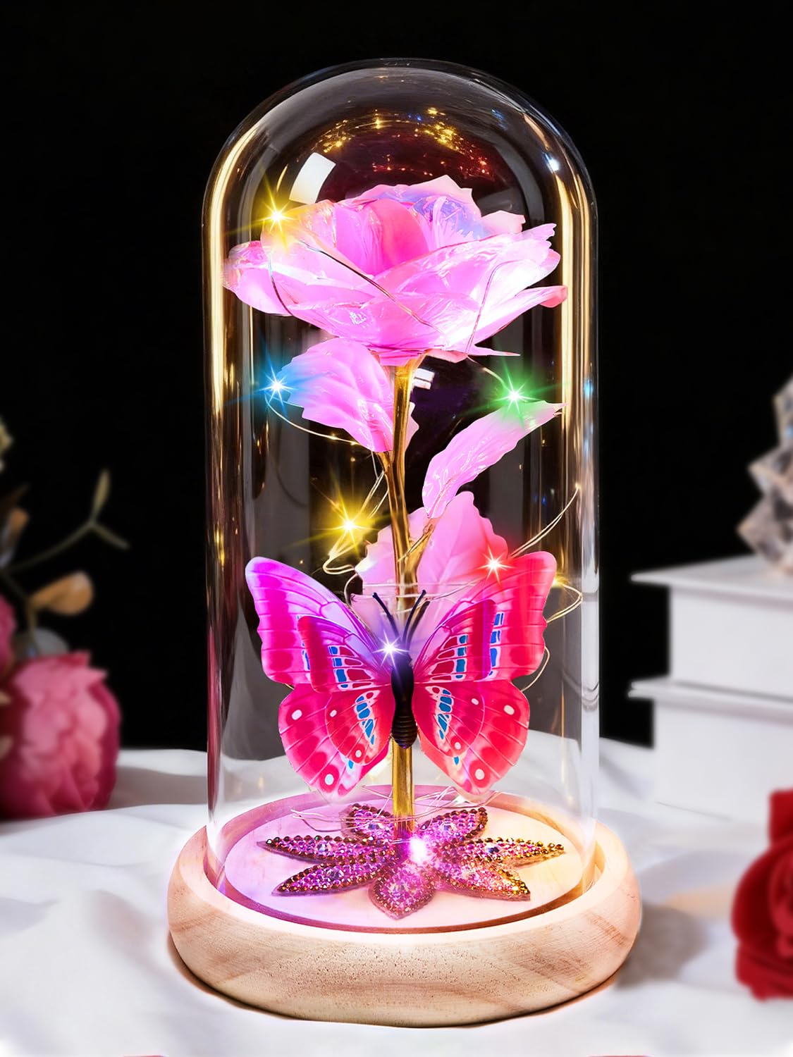 Beferr Birthday Gifts for Women Galaxy Glass Rose Forever Preserved Flowers for Delivery Light Up Rose in Glass Dome Mothers Day Pink Butterfly Gifts for Mom Grandma Wife Her Daughter Girlfriend